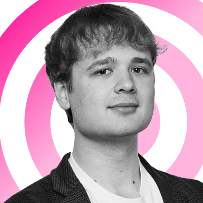 Dash Wood headshot on a pink 'radar' background